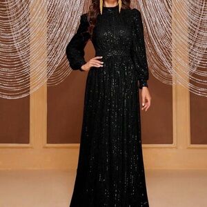 Black Sequin Long Sleeve Maxi Dress - Elegant Women's Evening Gown
